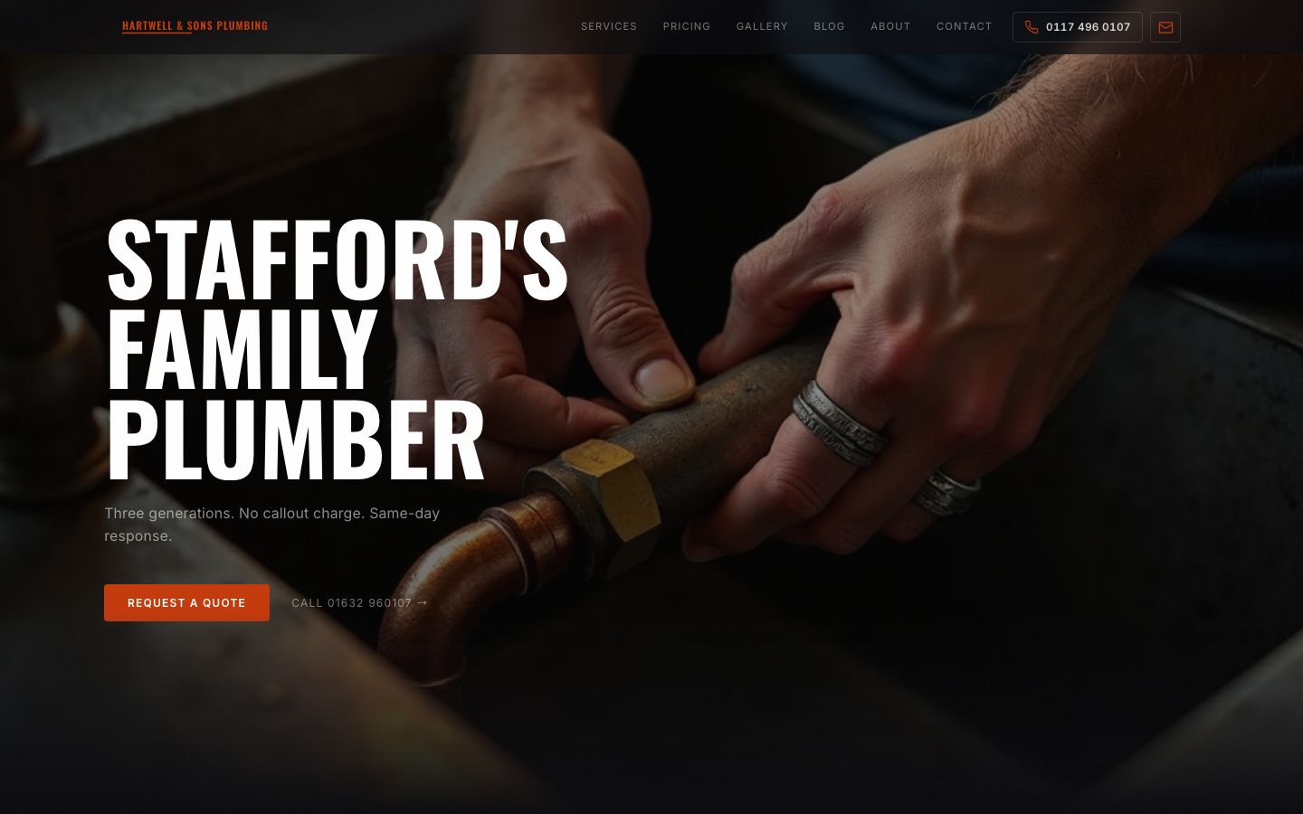 Example Masser build for a family plumbing firm: dark, bold site with instant quote and call buttons