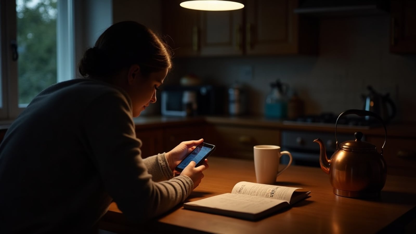 A small business owner answering a few questions on their phone at the kitchen table in the evening